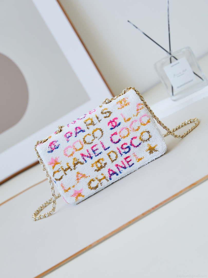 Chanel 24C AS4561 Flap Bag Sequins Gold-Tone Metal White
