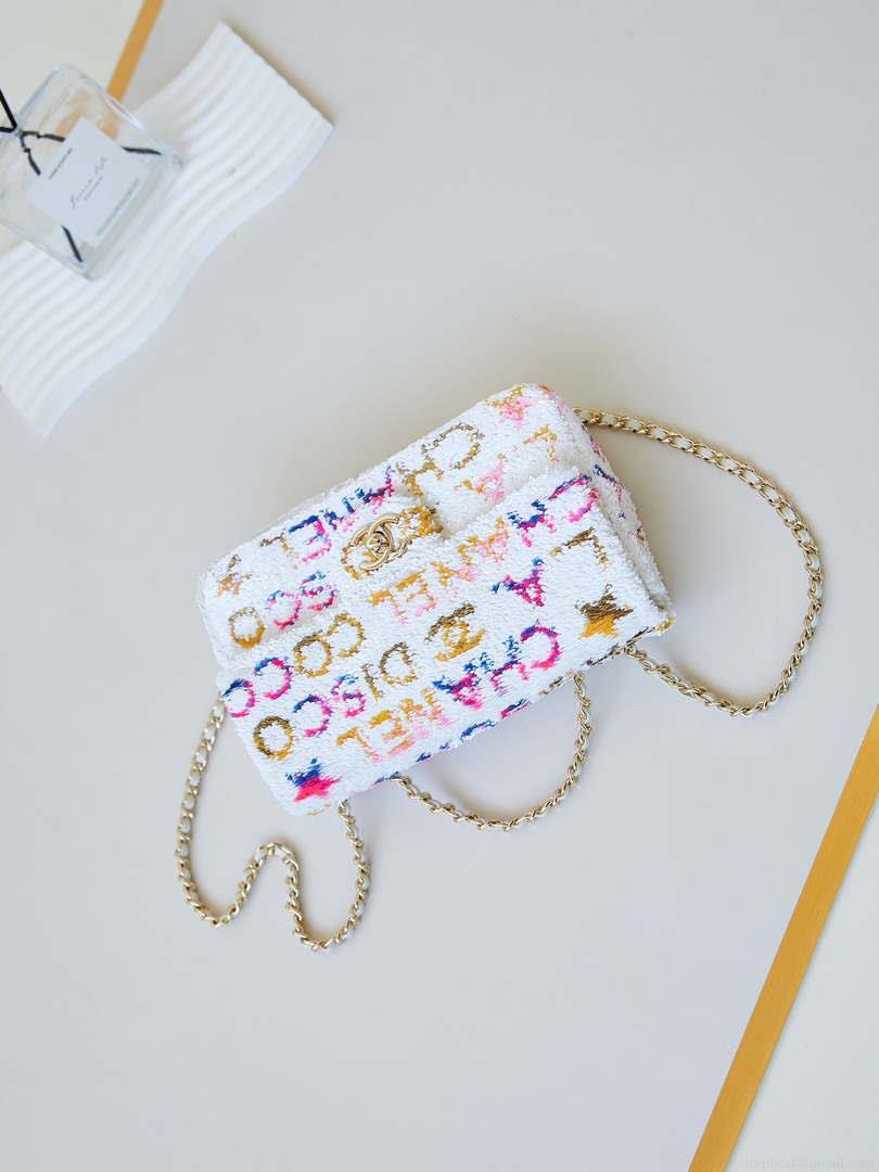 Chanel 24C AS4561 Flap Bag Sequins Gold-Tone Metal White
