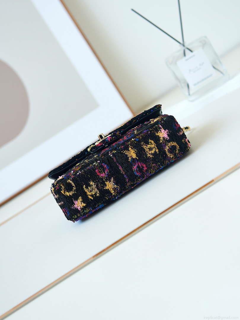 Chanel 24C AS4561 Flap Bag Sequins Gold-Tone Metal Black & Multicolor