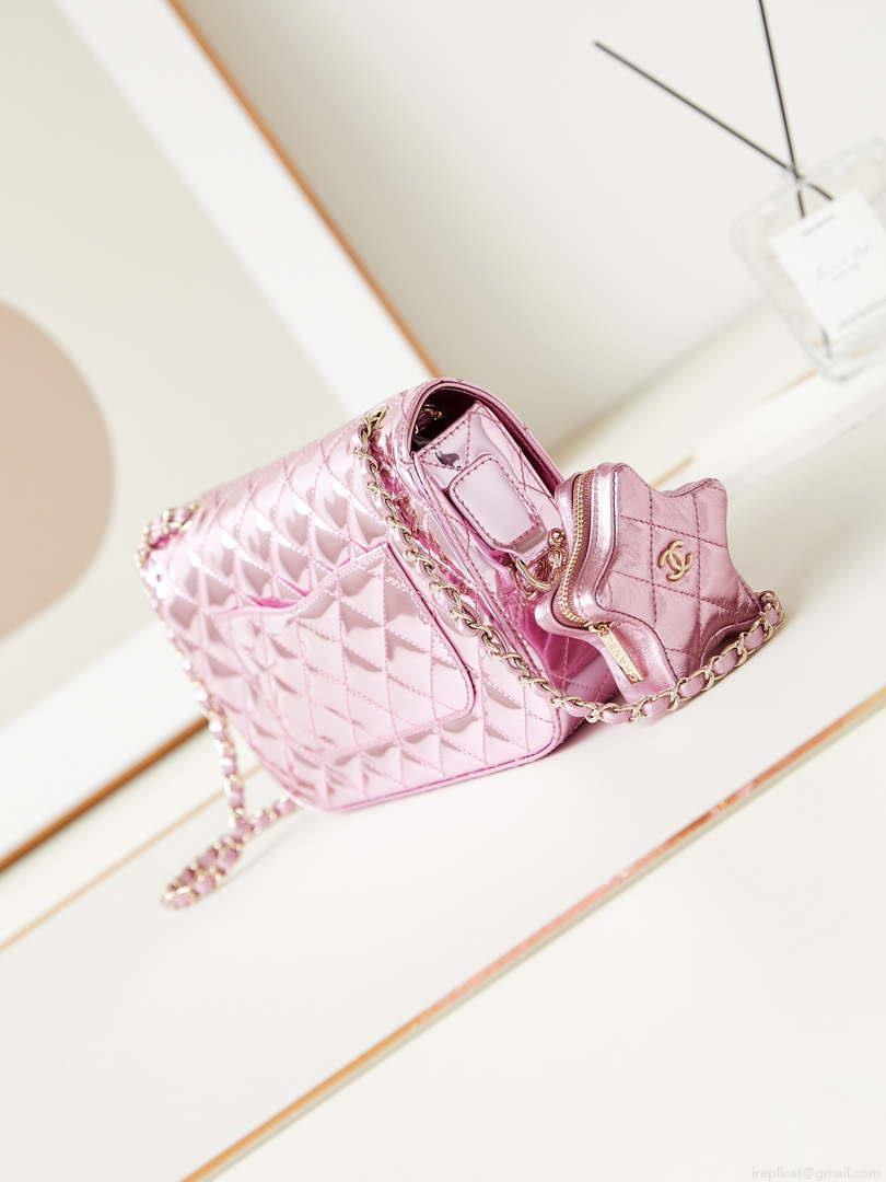 Chanel AS4648 Flap Bag & STAR COIN PURSE Mirror Calfskin Metallic Calfskin & Gold-Tone Metal Purple
