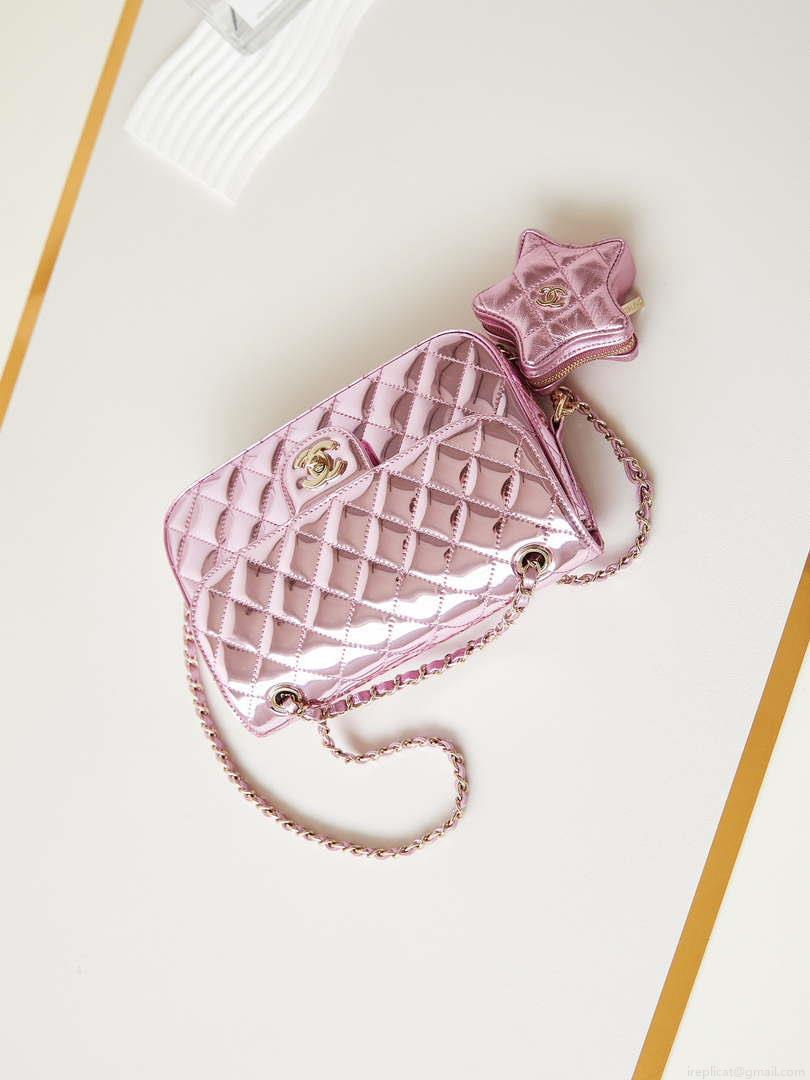 Chanel AS4648 Flap Bag & STAR COIN PURSE Mirror Calfskin Metallic Calfskin & Gold-Tone Metal Purple