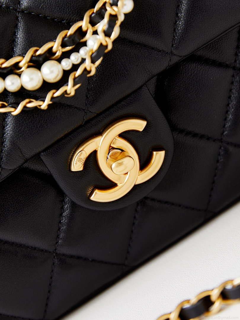 Chanel AS4384 Mini Flap Bag Pearly Lambskin Imitation Pearls & Gold-Tone Metal Black