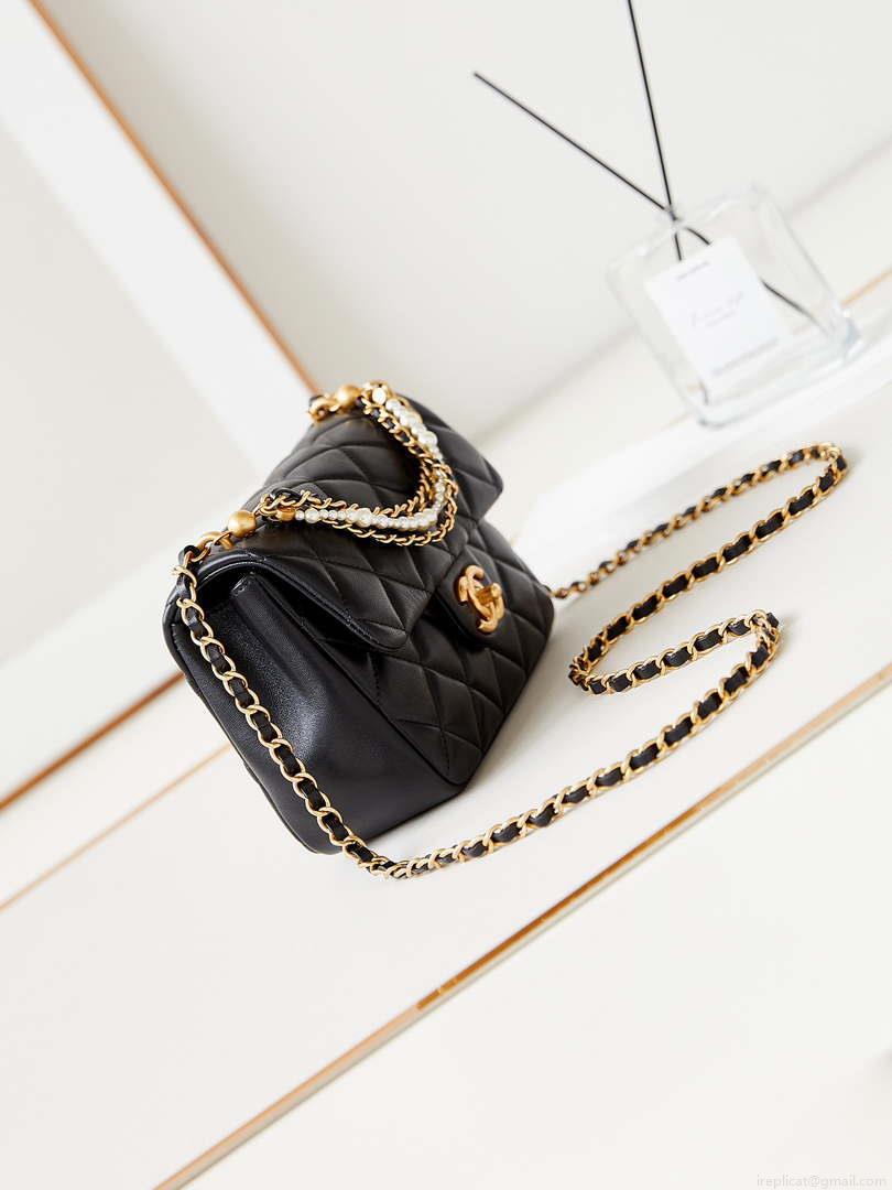 Chanel AS4384 Mini Flap Bag Pearly Lambskin Imitation Pearls & Gold-Tone Metal Black