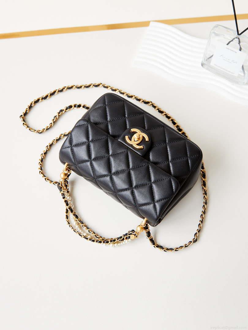 Chanel AS4384 Mini Flap Bag Pearly Lambskin Imitation Pearls & Gold-Tone Metal Black