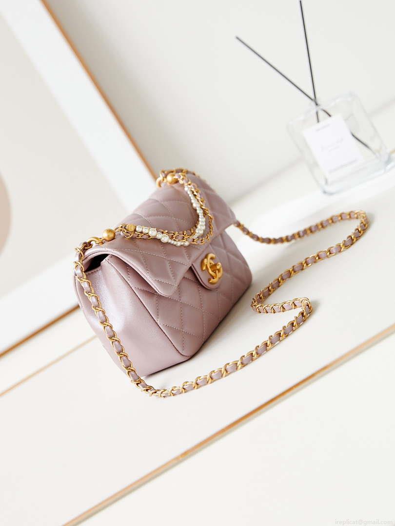 Chanel AS4384 Mini Flap Bag Pearly Lambskin Imitation Pearls & Gold-Tone Metal Pink