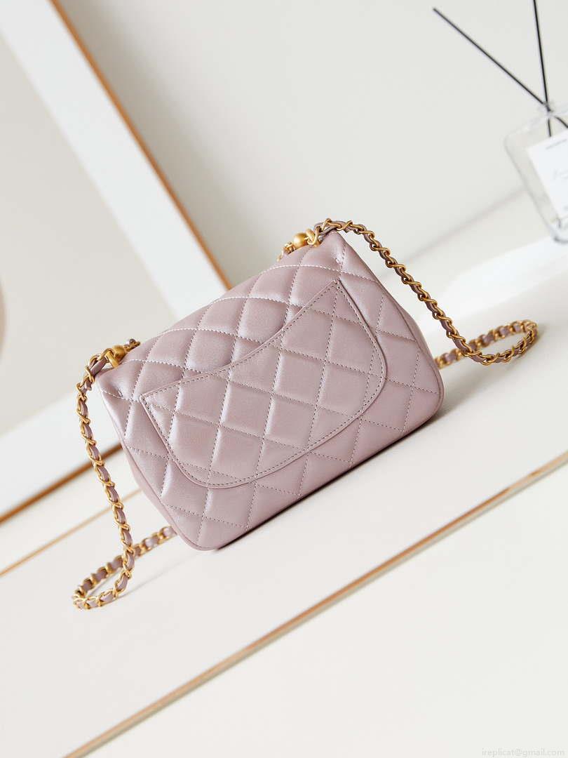 Chanel AS4384 Mini Flap Bag Pearly Lambskin Imitation Pearls & Gold-Tone Metal Pink