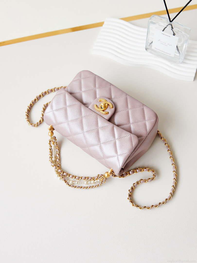 Chanel AS4384 Mini Flap Bag Pearly Lambskin Imitation Pearls & Gold-Tone Metal Pink