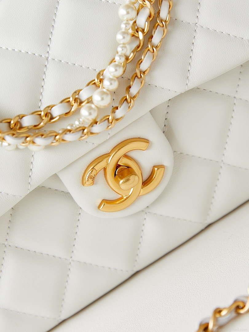 Chanel AS4384 Mini Flap Bag Pearly Lambskin Imitation Pearls & Gold-Tone Metal White