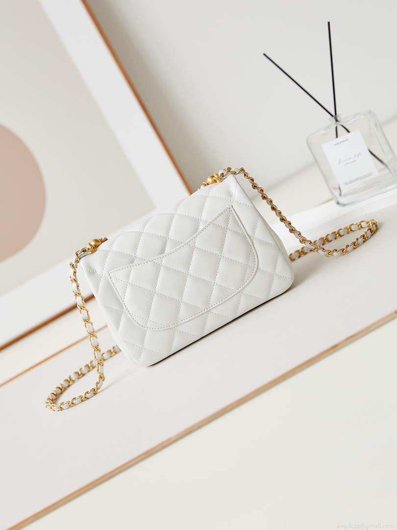 Chanel AS4384 Mini Flap Bag Pearly Lambskin Imitation Pearls & Gold-Tone Metal White
