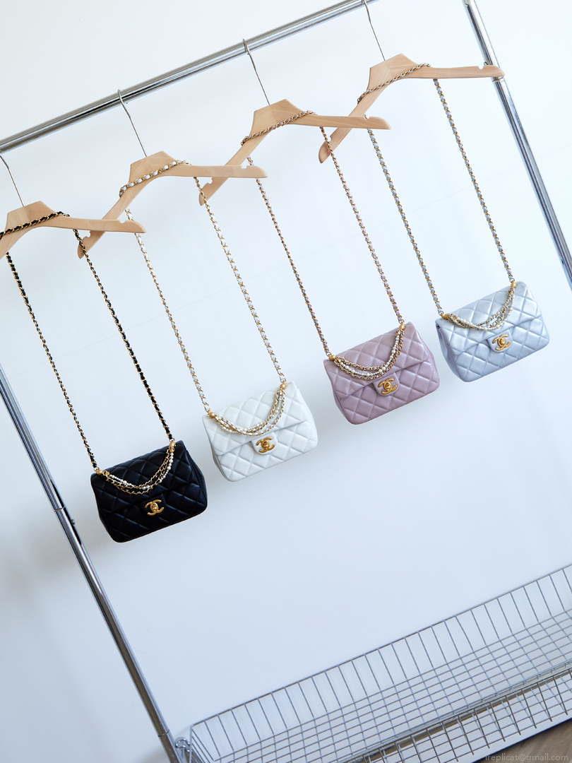 Chanel AS4385 Mini Flap Bag Pearly Lambskin Imitation Pearls & Gold-Tone Metal Black