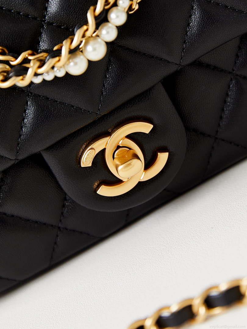 Chanel AS4385 Mini Flap Bag Pearly Lambskin Imitation Pearls & Gold-Tone Metal Black