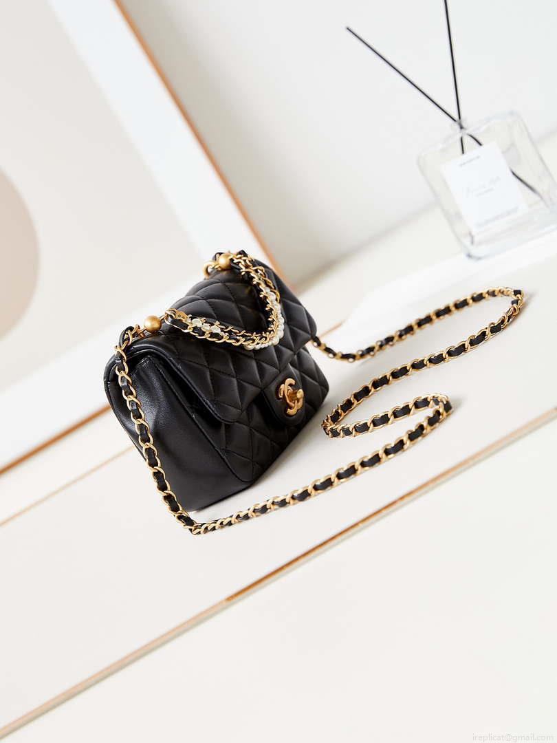 Chanel AS4385 Mini Flap Bag Pearly Lambskin Imitation Pearls & Gold-Tone Metal Black