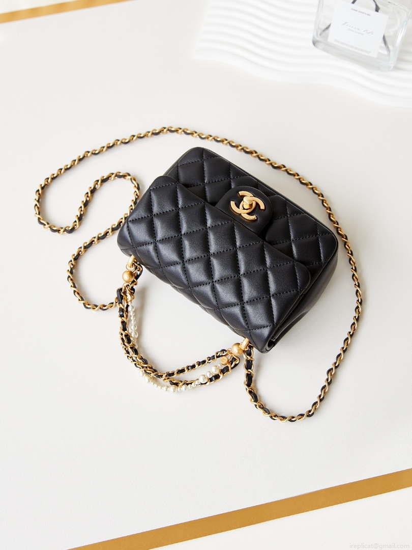 Chanel AS4385 Mini Flap Bag Pearly Lambskin Imitation Pearls & Gold-Tone Metal Black