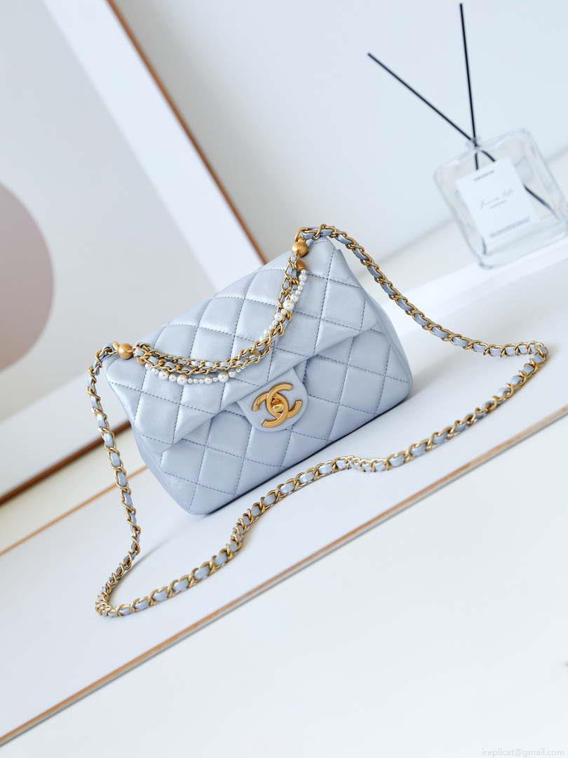 Chanel AS4384 Mini Flap Bag Pearly Lambskin Imitation Pearls & Gold-Tone Metal Blue