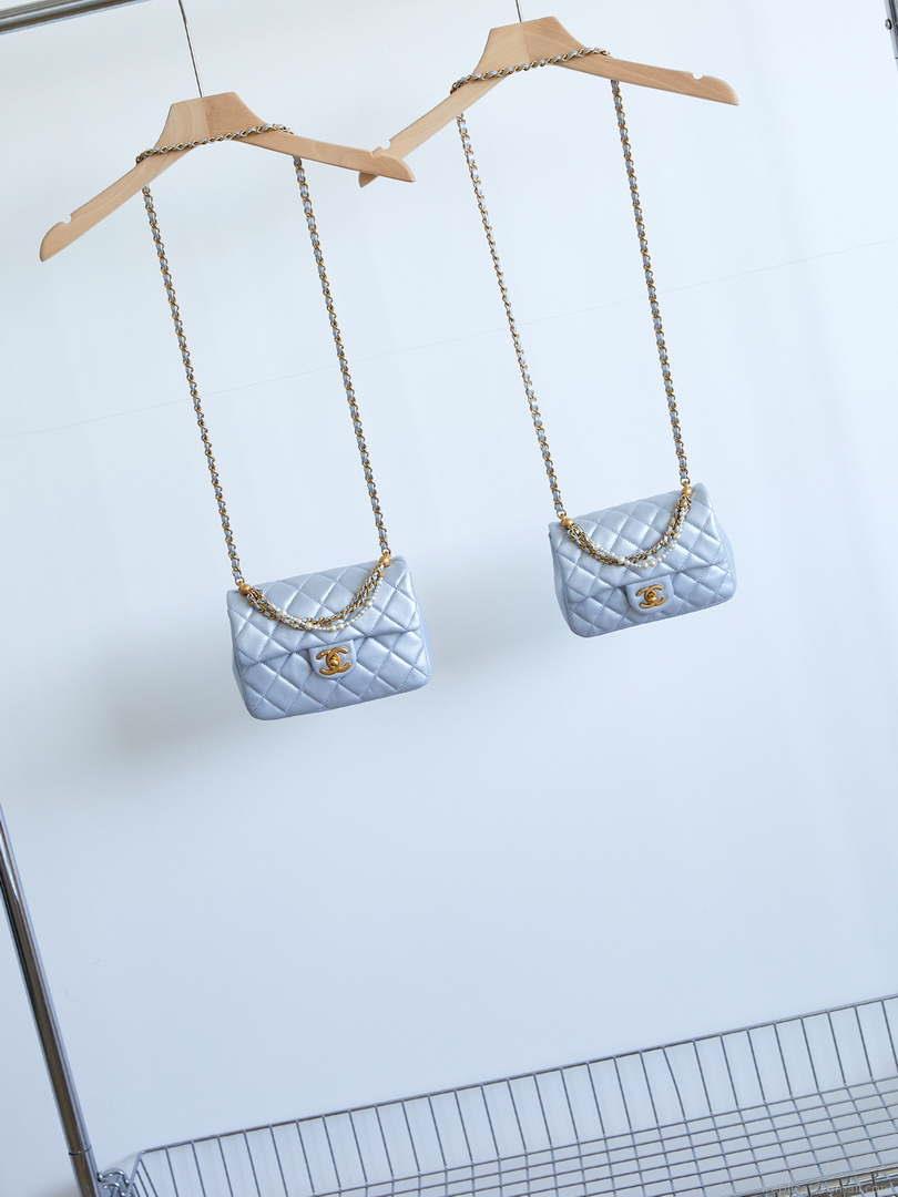 Chanel AS4384 Mini Flap Bag Pearly Lambskin Imitation Pearls & Gold-Tone Metal Blue