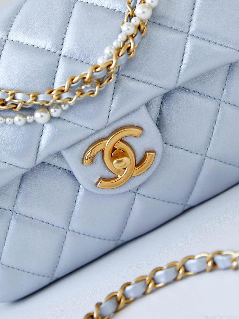 Chanel AS4384 Mini Flap Bag Pearly Lambskin Imitation Pearls & Gold-Tone Metal Blue