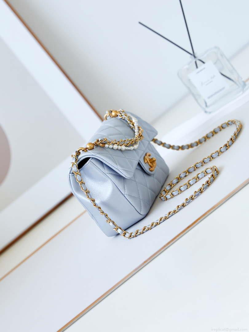 Chanel AS4384 Mini Flap Bag Pearly Lambskin Imitation Pearls & Gold-Tone Metal Blue