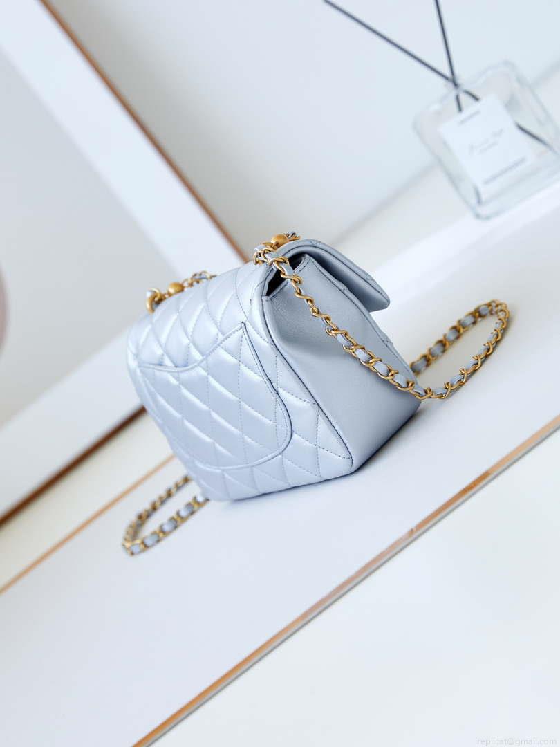 Chanel AS4384 Mini Flap Bag Pearly Lambskin Imitation Pearls & Gold-Tone Metal Blue