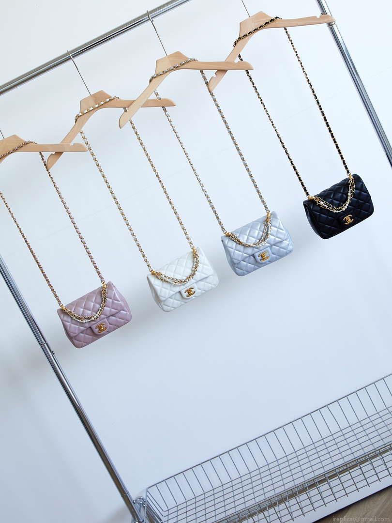 Chanel AS4385 Mini Flap Bag Pearly Lambskin Imitation Pearls & Gold-Tone Metal Blue