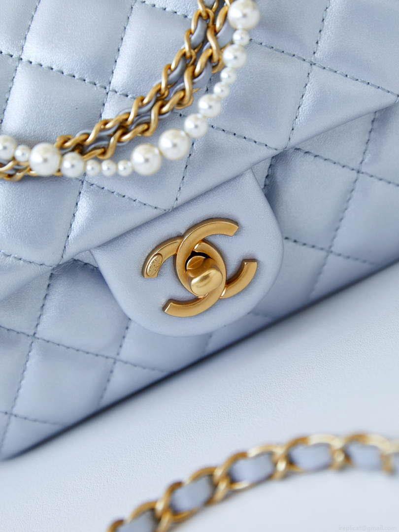 Chanel AS4385 Mini Flap Bag Pearly Lambskin Imitation Pearls & Gold-Tone Metal Blue