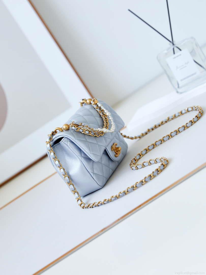Chanel AS4385 Mini Flap Bag Pearly Lambskin Imitation Pearls & Gold-Tone Metal Blue