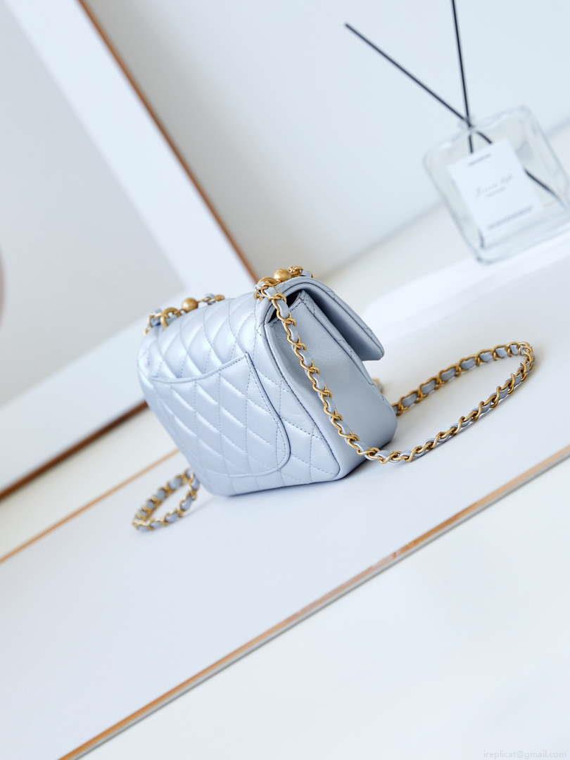 Chanel AS4385 Mini Flap Bag Pearly Lambskin Imitation Pearls & Gold-Tone Metal Blue
