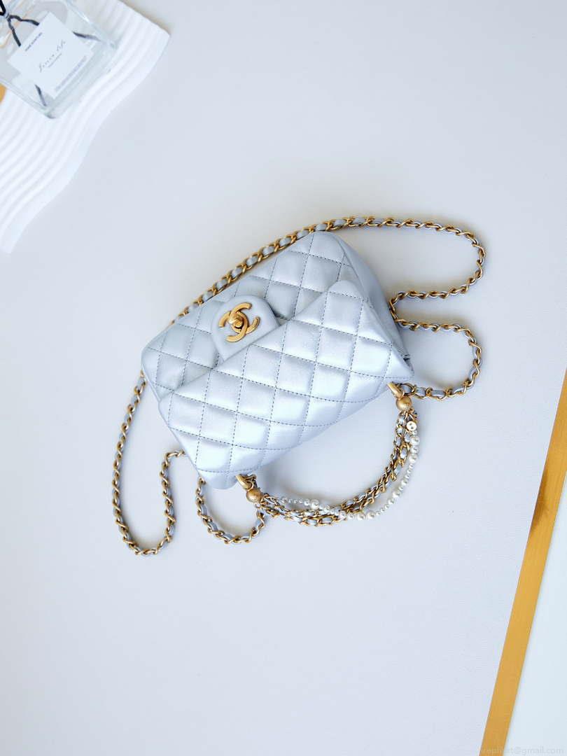 Chanel AS4385 Mini Flap Bag Pearly Lambskin Imitation Pearls & Gold-Tone Metal Blue