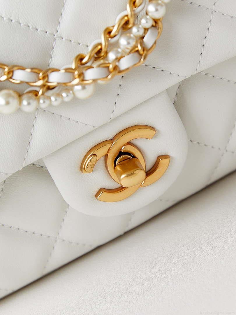 Chanel AS4385 Mini Flap Bag Pearly Lambskin Imitation Pearls & Gold-Tone Metal White