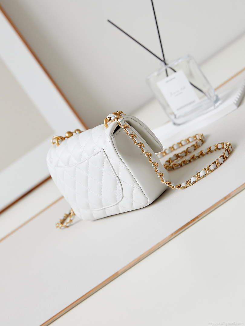 Chanel AS4385 Mini Flap Bag Pearly Lambskin Imitation Pearls & Gold-Tone Metal White