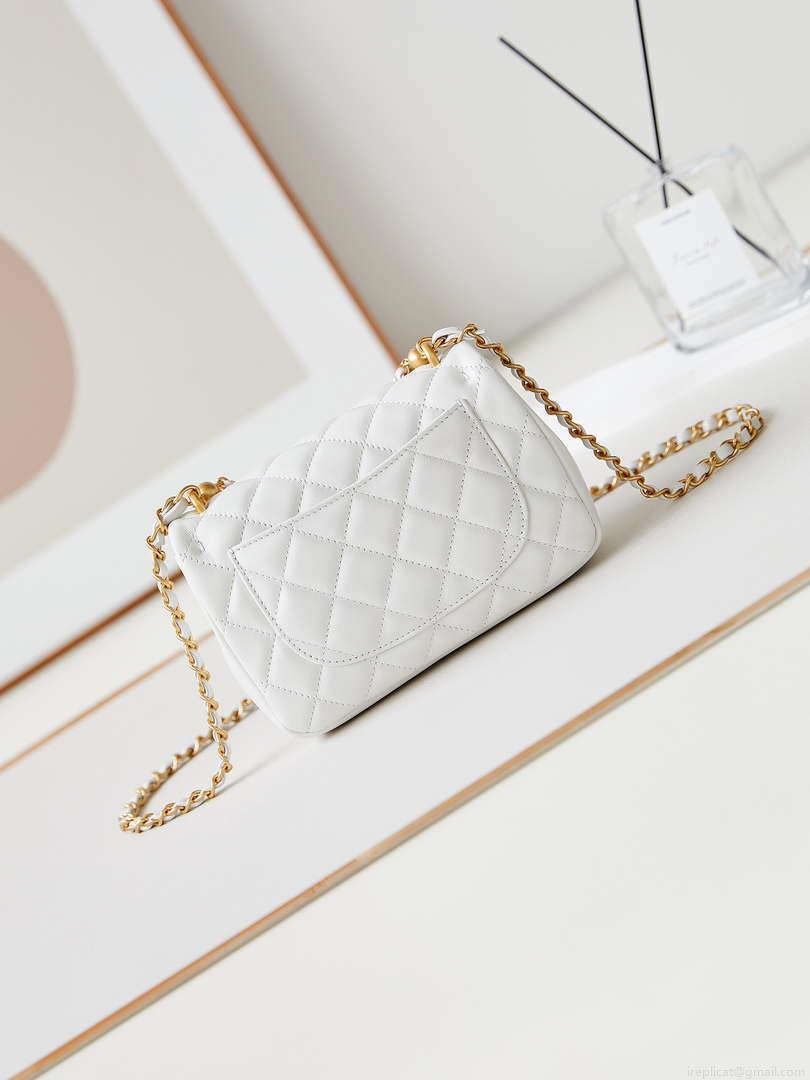 Chanel AS4385 Mini Flap Bag Pearly Lambskin Imitation Pearls & Gold-Tone Metal White