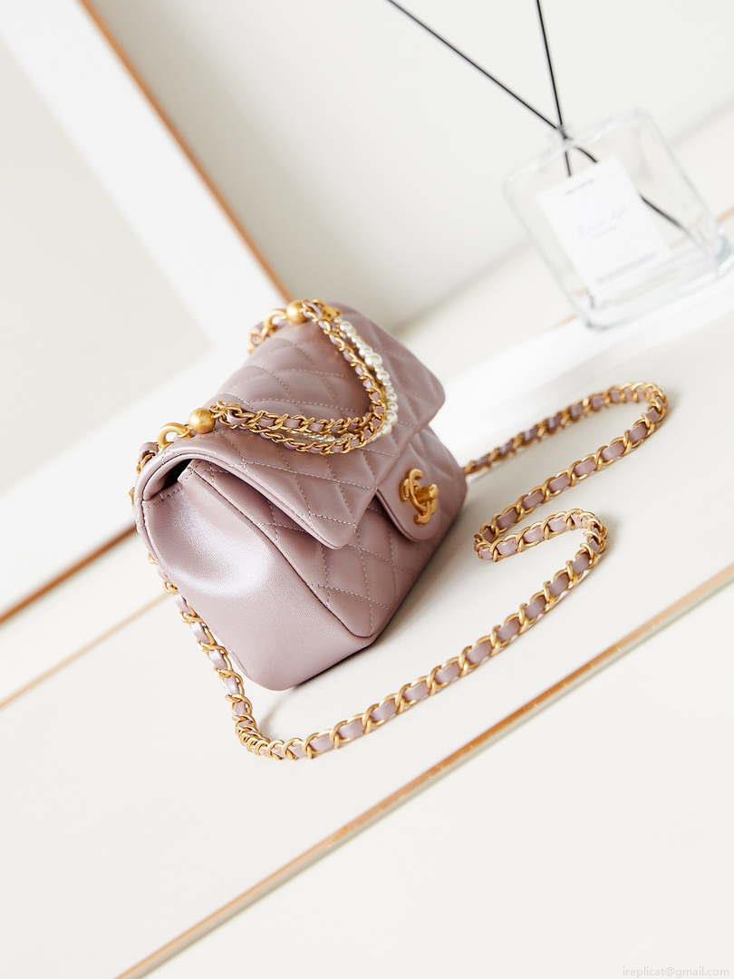 Chanel AS4385 Mini Flap Bag Pearly Lambskin Imitation Pearls & Gold-Tone Metal Pink