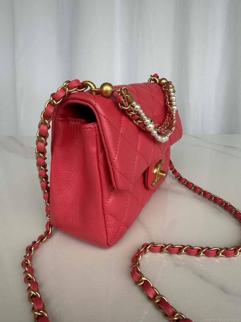 Chanel AS4385 Mini Flap Bag Pearly Lambskin Imitation Pearls & Gold-Tone Metal Red
