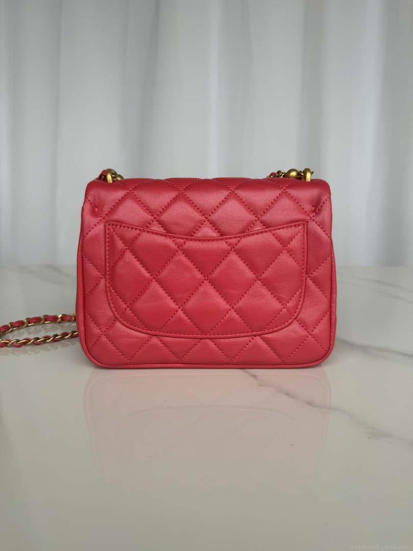 Chanel AS4385 Mini Flap Bag Pearly Lambskin Imitation Pearls & Gold-Tone Metal Red