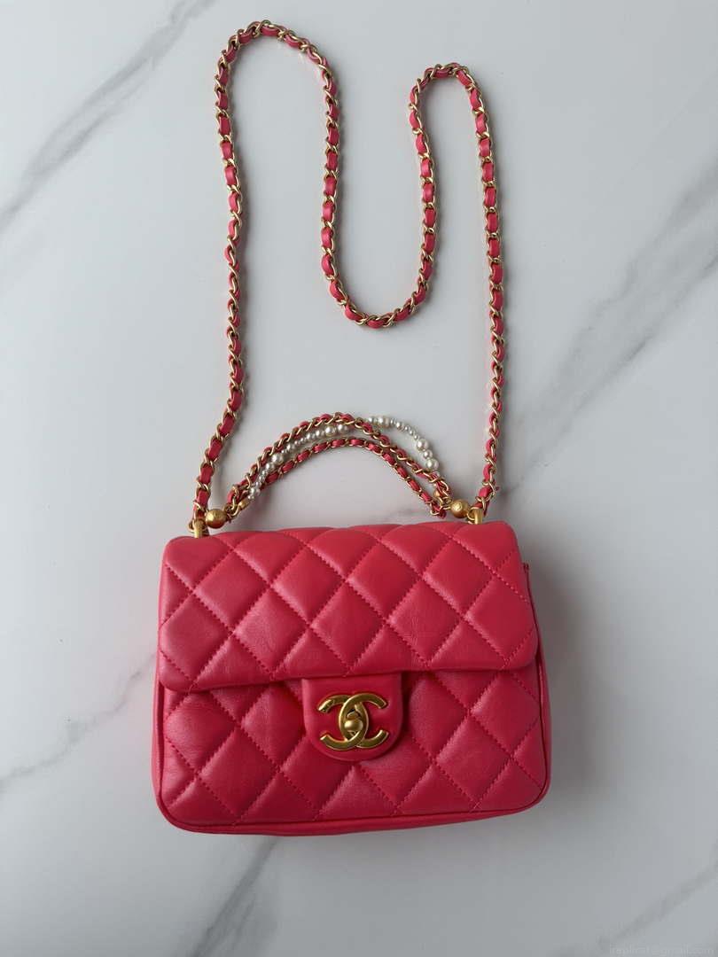 Chanel AS4385 Mini Flap Bag Pearly Lambskin Imitation Pearls & Gold-Tone Metal Red