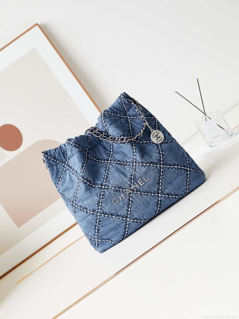Chanel AS3260 22 Small Handbag Silver Tone-Metal Canvas Blue Denim