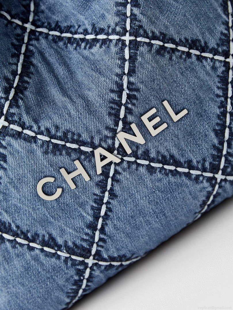 Chanel AS3260 22 Small Handbag Silver Tone-Metal Canvas Blue Denim