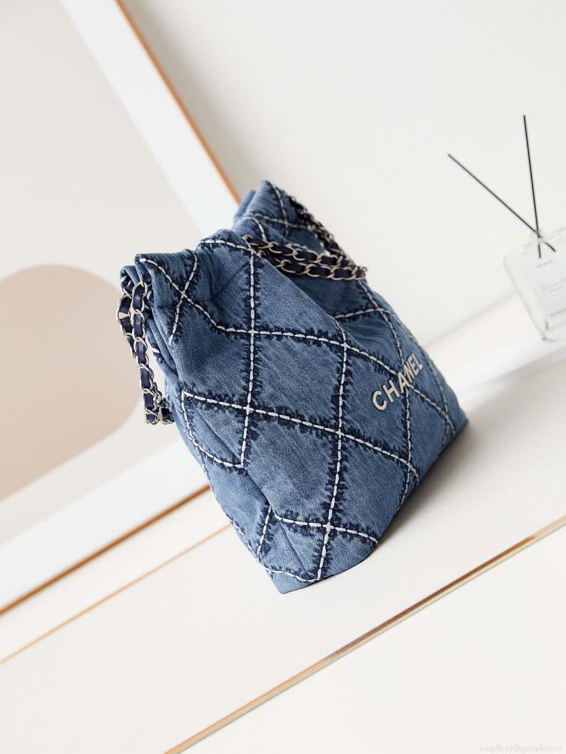 Chanel AS3260 22 Small Handbag Silver Tone-Metal Canvas Blue Denim