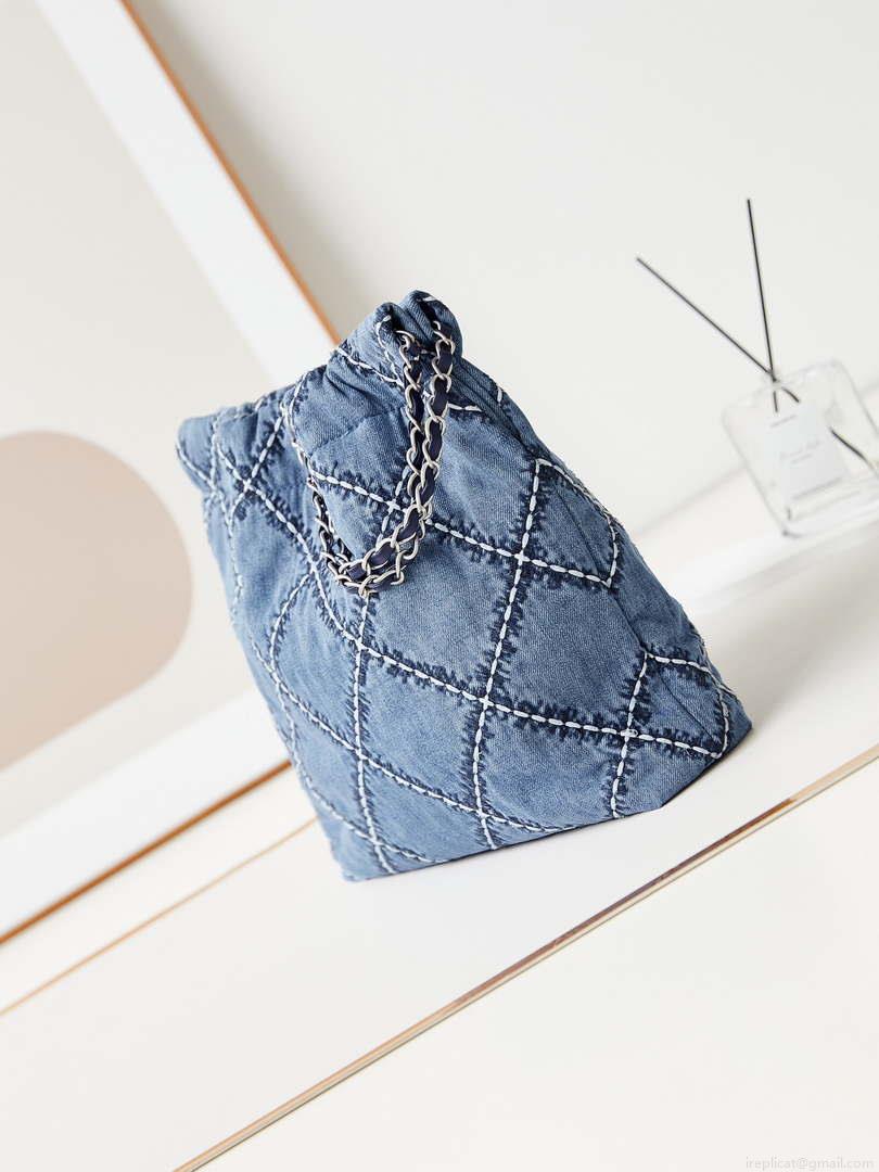 Chanel AS3260 22 Small Handbag Silver Tone-Metal Canvas Blue Denim