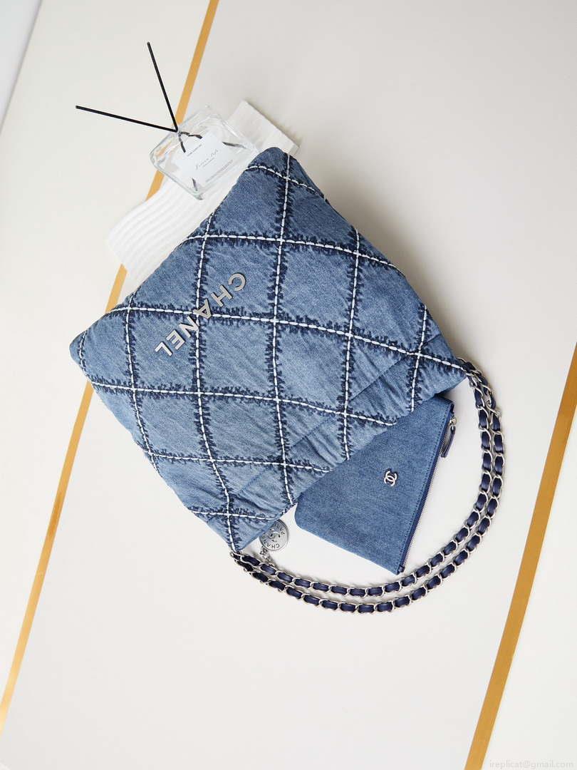 Chanel AS3260 22 Small Handbag Silver Tone-Metal Canvas Blue Denim