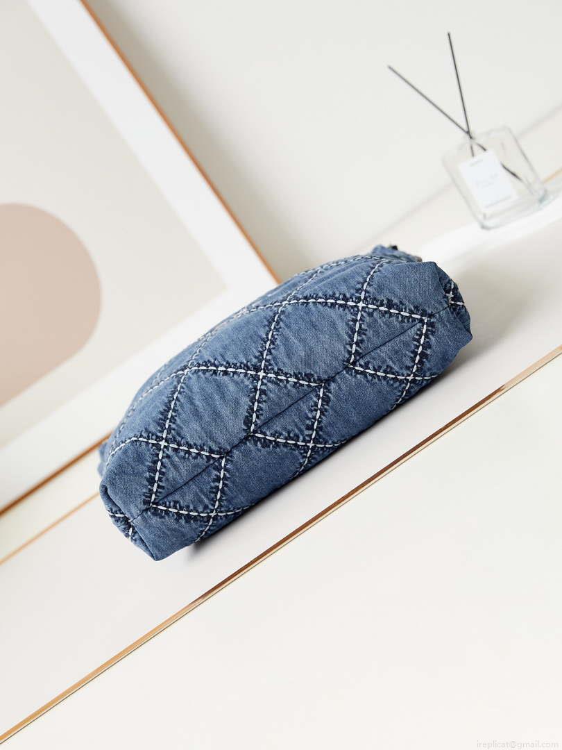 Chanel AS3260 22 Small Handbag Silver Tone-Metal Canvas Blue Denim