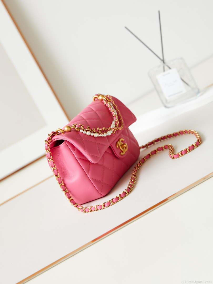 Chanel AS4384 Mini Flap Bag Pearly Lambskin Imitation Pearls & Gold-Tone Metal Hot Pink
