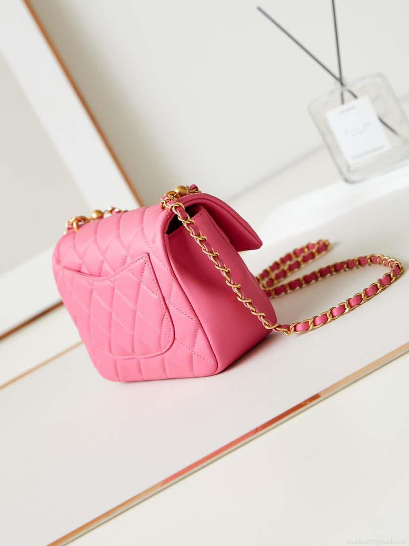 Chanel AS4384 Mini Flap Bag Pearly Lambskin Imitation Pearls & Gold-Tone Metal Hot Pink
