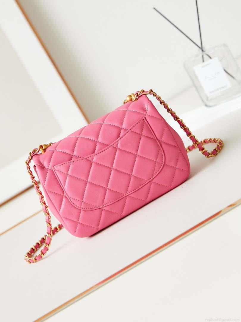 Chanel AS4384 Mini Flap Bag Pearly Lambskin Imitation Pearls & Gold-Tone Metal Hot Pink
