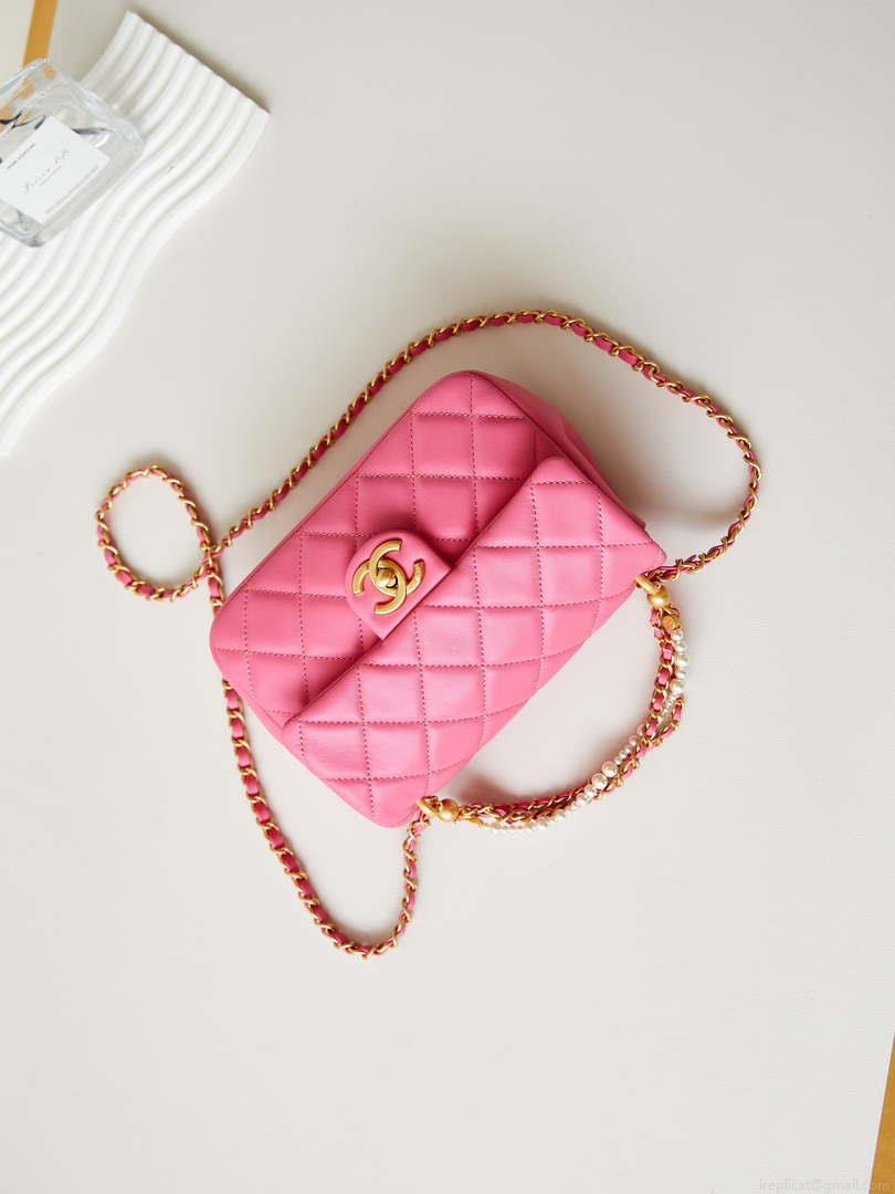 Chanel AS4384 Mini Flap Bag Pearly Lambskin Imitation Pearls & Gold-Tone Metal Hot Pink