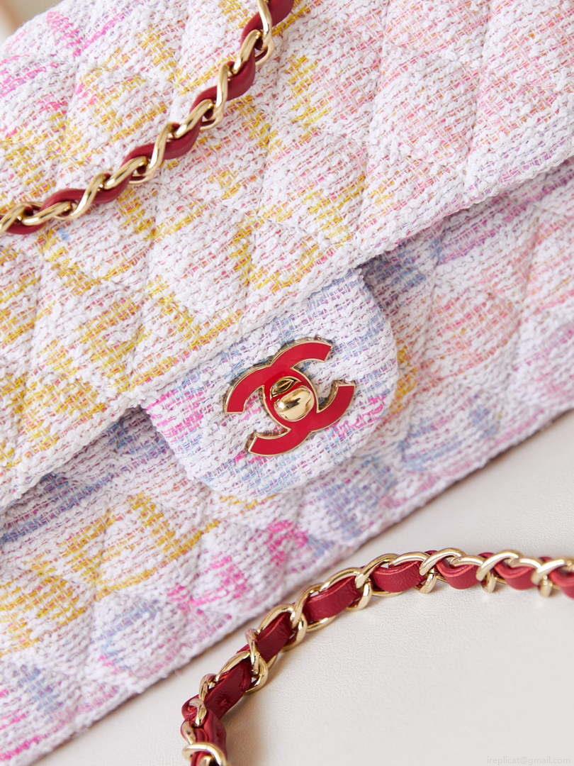 Chanel 24C A01113 Flap Handbag Classic Bag Cotton Tweed A69900 Pink and White