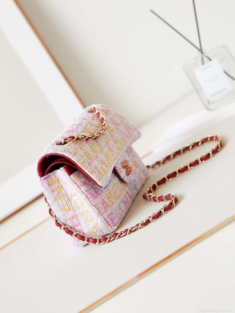 Chanel 24C A01113 Flap Handbag Classic Bag Cotton Tweed A69900 Pink and White
