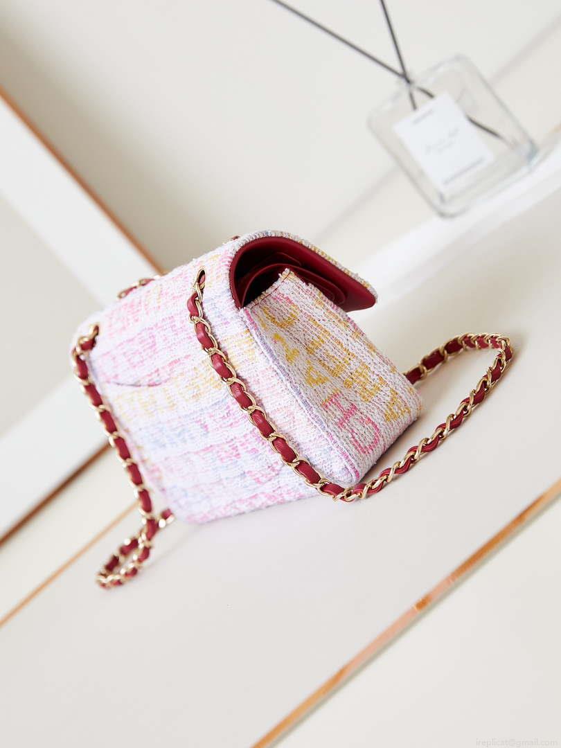 Chanel 24C A01113 Flap Handbag Classic Bag Cotton Tweed A69900 Pink and White