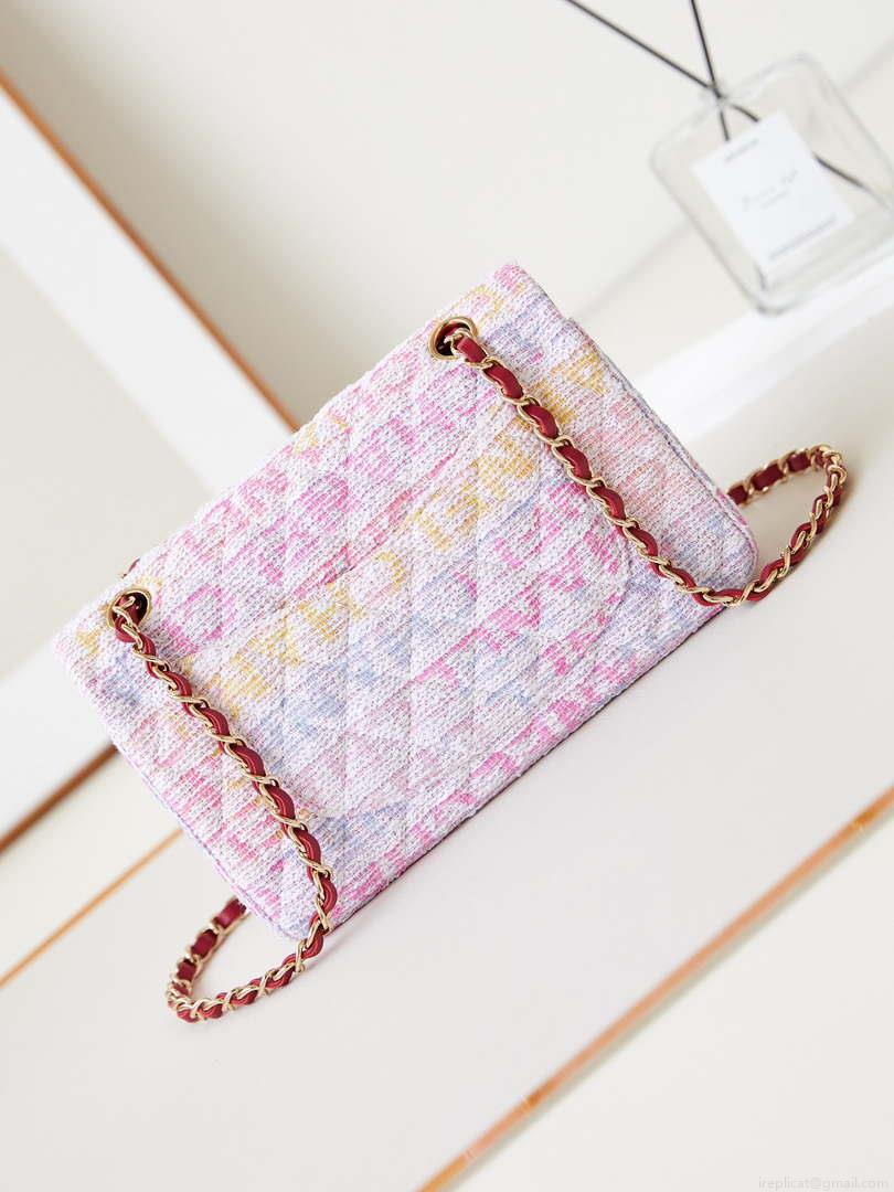 Chanel 24C A01113 Flap Handbag Classic Bag Cotton Tweed A69900 Pink and White