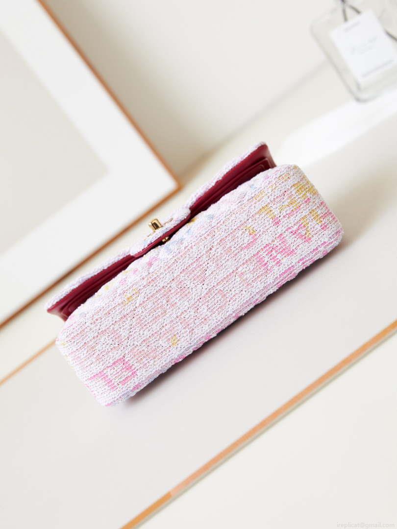 Chanel 24C A01113 Flap Handbag Classic Bag Cotton Tweed A69900 Pink and White