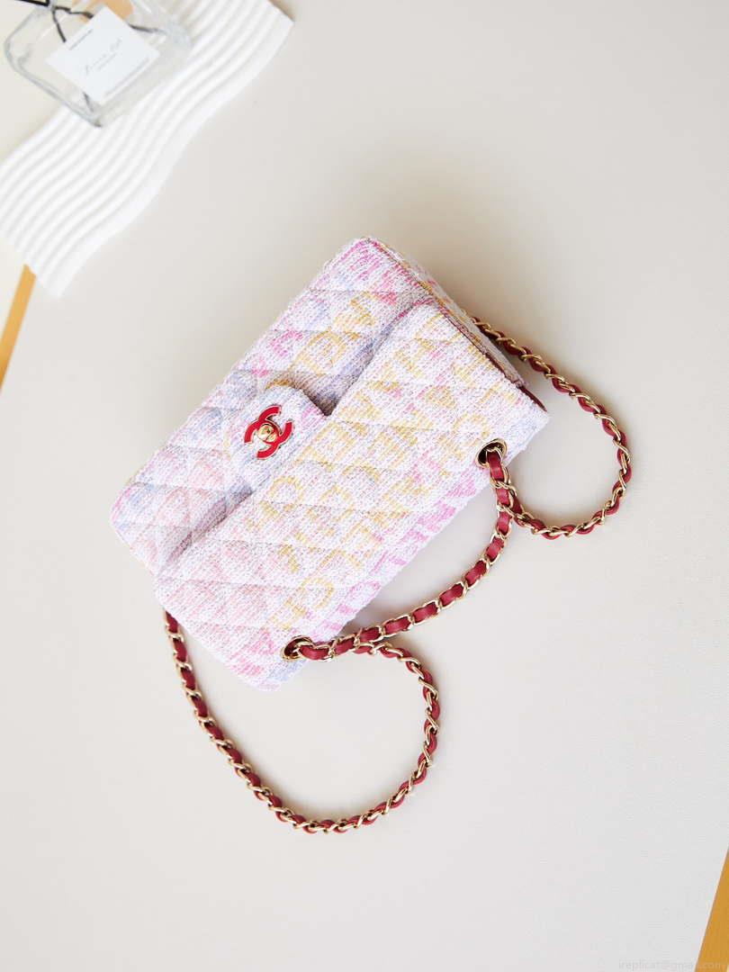 Chanel 24C A01113 Flap Handbag Classic Bag Cotton Tweed A69900 Pink and White